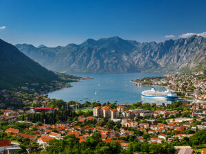 Aerial view showcases the picturesque Kotor town in Montenegro