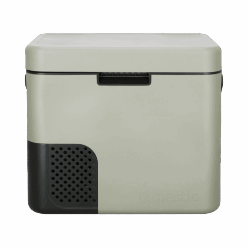 Mestic Riva compressor cool box in green, showcased by Gimeg at Caravan Salon 2026