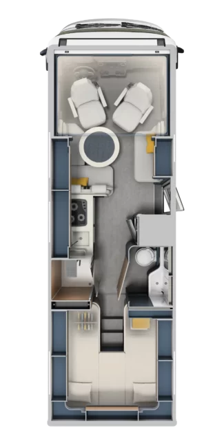 Floorplan layout of the Laika Kreos H 5109 MB motorhome showing cab seats, lounge, kitchen, bathroom and rear twin beds.