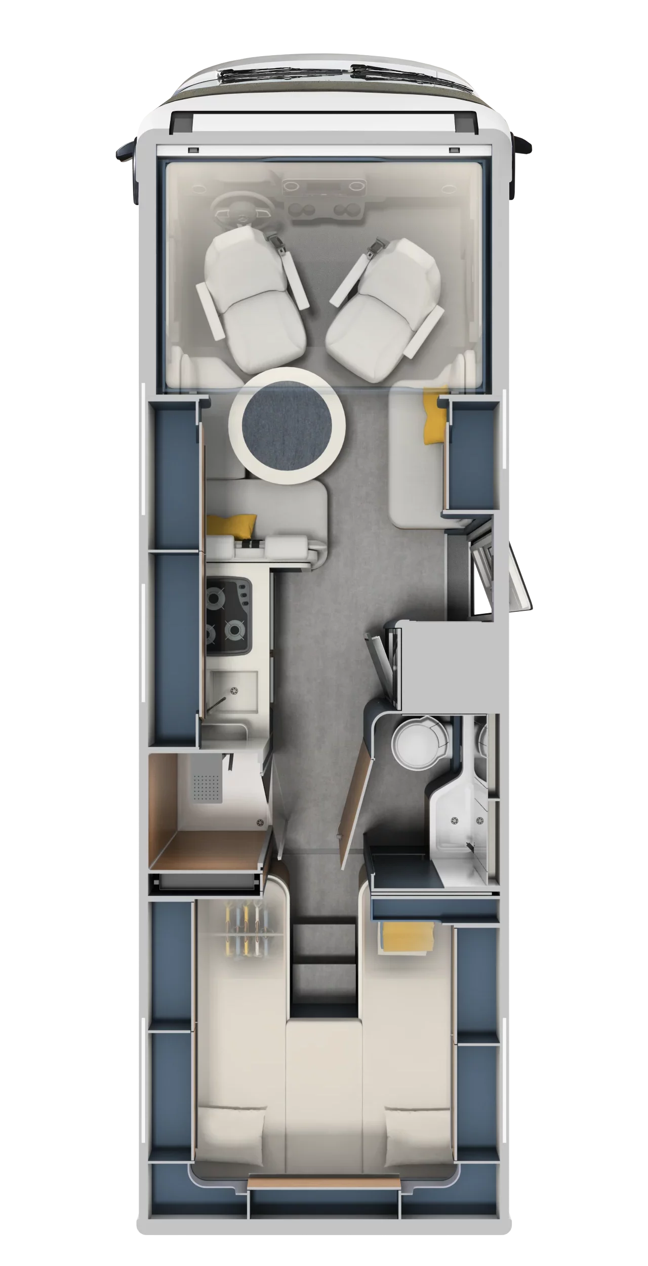 Floorplan layout of the Laika Kreos H 5109 MB motorhome showing cab seats, lounge, kitchen, bathroom and rear twin beds.
