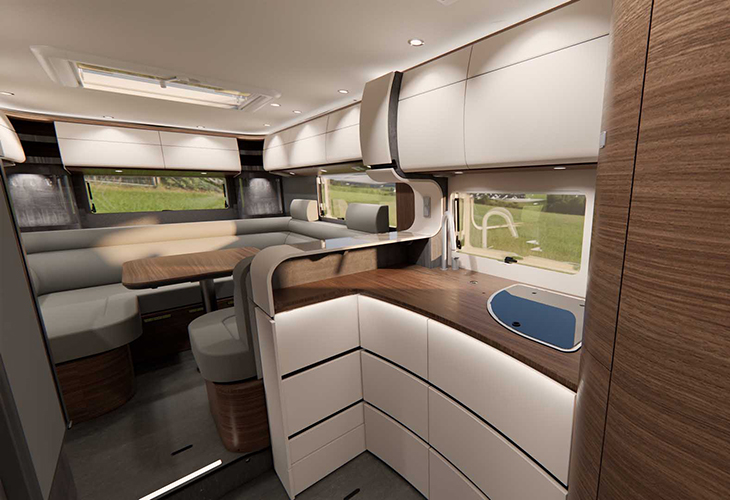 Carthago 2027 model year LinerForTwo motorhome interior with kitchen worktop, sink and face-to-face lounge seating