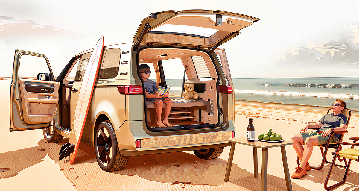VW California Cruise camper van at the beach with open boot, child reading inside, surfboard, man relaxing beside table.