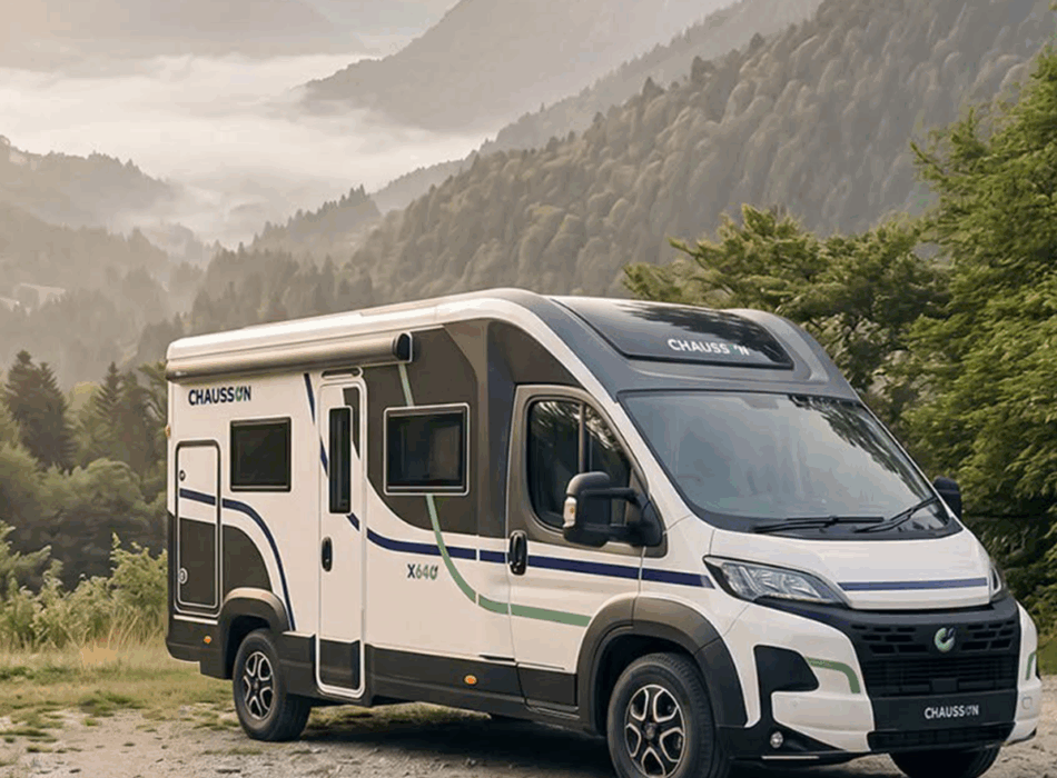Spacious bathroom and wardrobe in slim Chausson X640 low-profile motorhome