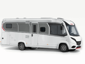 Dethleffs Trend I 7027 motorhome exterior side view, white bodywork with grey and red graphics
