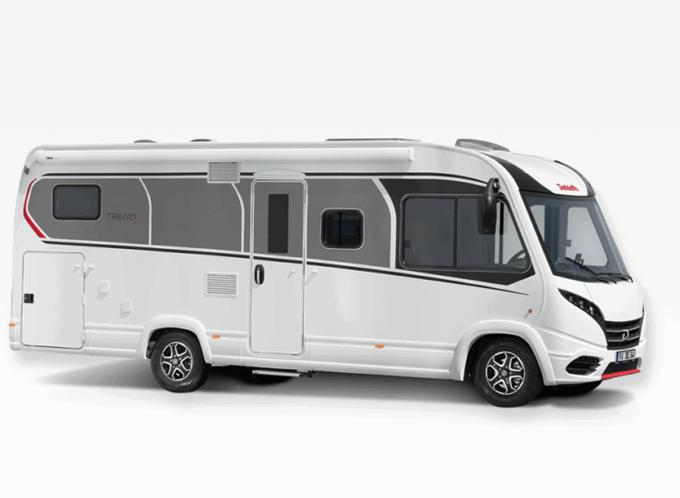 Dethleffs Trend I 7027 motorhome exterior side view, white bodywork with grey and red graphics