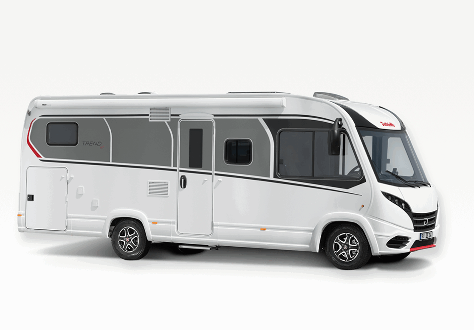 Dethleffs Trend I 7027 motorhome exterior side view, white bodywork with grey and red graphics