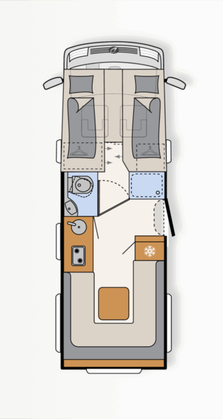 Floor plan of the Dethleffs Trend I 7027 with twin single beds, rear U-shaped lounge, kitchen and washroom.