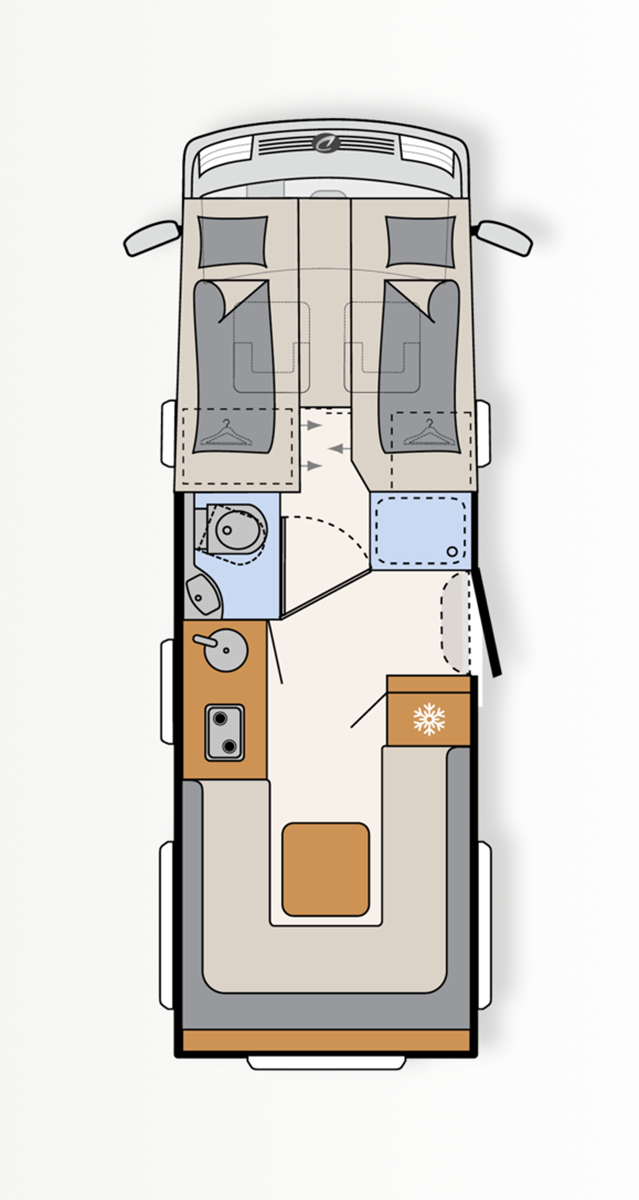 Floor plan of the Dethleffs Trend I 7027 with twin single beds, rear U-shaped lounge, kitchen and washroom.
