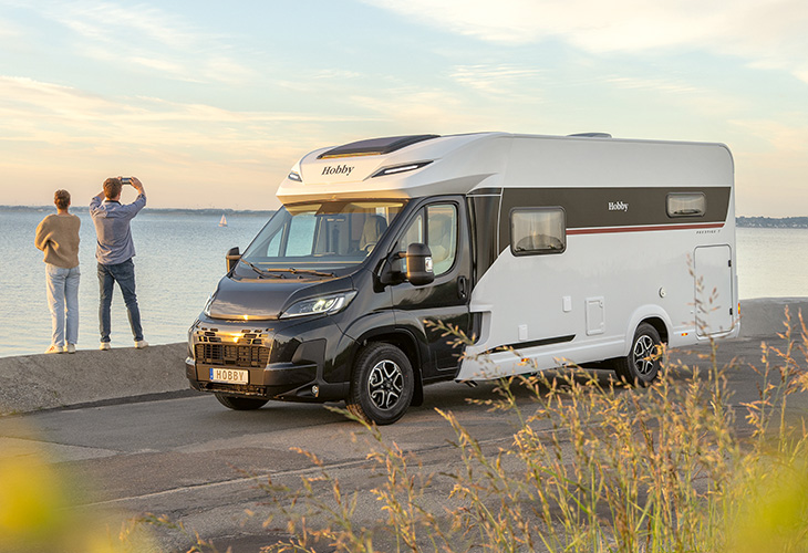 Hobby Prestige 2027 low-profile motorhome parked by the water