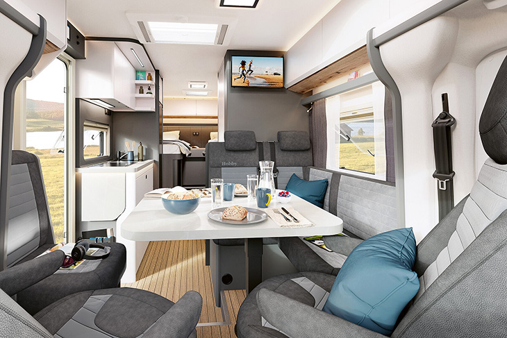 Refreshed interior of the Hobby Prestige T710 GE with L-shaped seating area