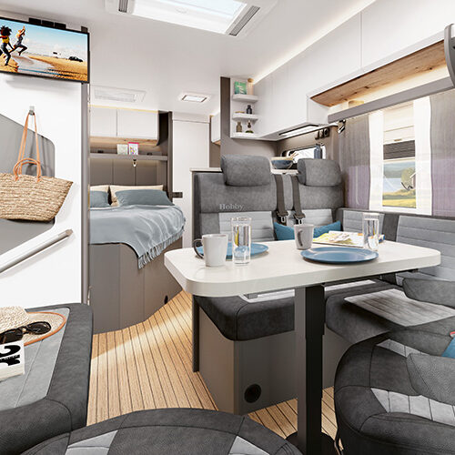 Interior of the Hobby Prestige T740 WF with L-shaped seating area and table