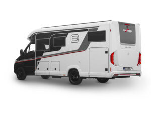 Carthago c-line motorhome, model year 2027, rear-side view showing black cab and sleek grey-white exterior design.
