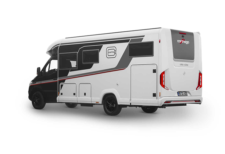 Carthago c-line motorhome, model year 2027, rear-side view showing black cab and sleek grey-white exterior design.