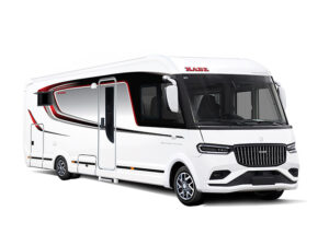 Kabe Imperial Ri810 LGB motorhome exterior, white bodywork with red accent stripes and front cab design