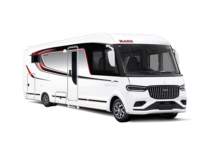 Kabe Imperial Ri810 LGB motorhome exterior, white bodywork with red accent stripes and front cab design