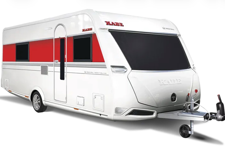 Kabe Royal 600 TDL caravan exterior with red and white stripe, single axle and front hitch, side entrance door visible
