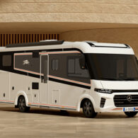 Laika Kreos H 5109 MB motorhome in white with rose gold accent stripe, Mercedes-Benz cab and front grille