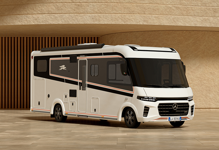 Laika Kreos H 5109 MB motorhome in white with rose gold accent stripe, Mercedes-Benz cab and front grille