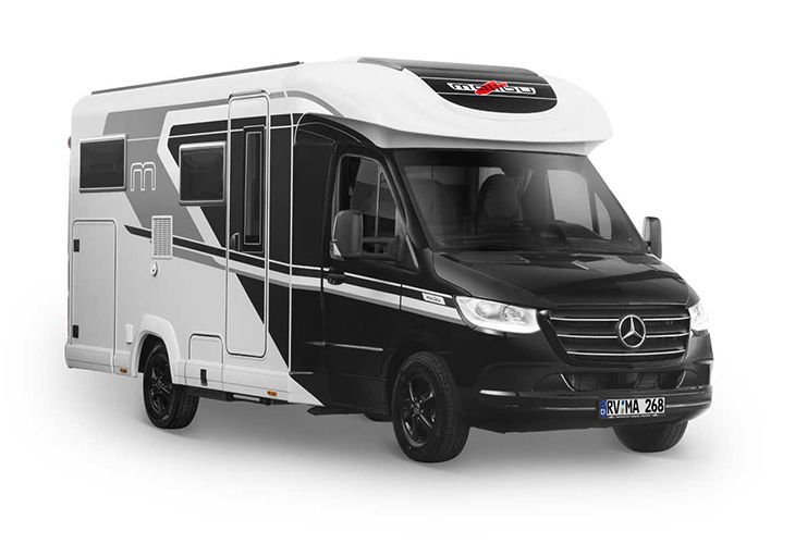 Malibu 2027 half-integrated motorhome on Mercedes chassis, black and white exterior – Malibu Camping Guide