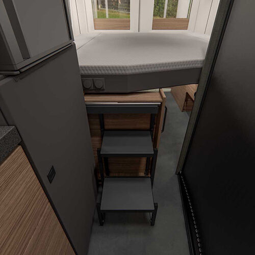 Malibu Relax 640 LE XR interior showing pull-out step ladder to adjustable overhead bed above kitchen units