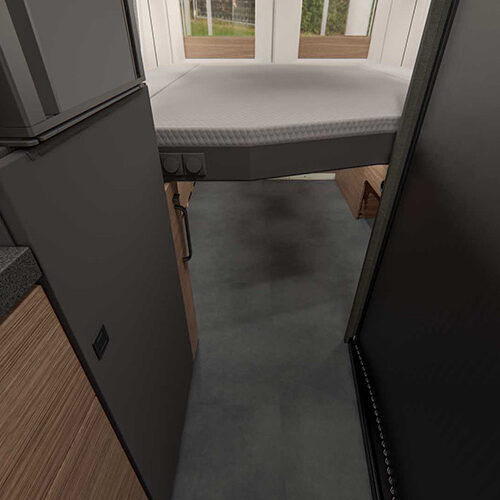 Malibu Relax 640 LE XR interior showing folded drop-down bed above narrow hallway to rear door.