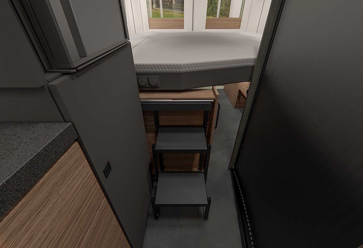 Malibu Relax 640 LE XR interior showing pull-out step ladder to adjustable overhead bed above kitchen units