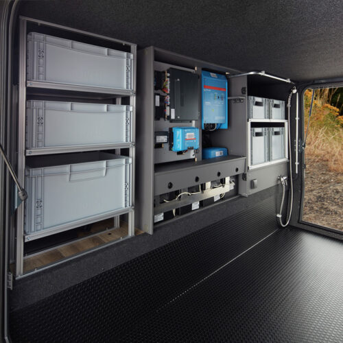 iSmove 2027 garage with pull-out crates, Victron power system and outdoor shower fitting in Niesmann+Bischoff motorhome