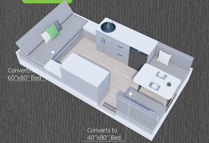 Aliner Scout 15 popup camper floor plan showing sofa bed, kitchenette, dinette and convertible 60"x80" and 40"x80" beds