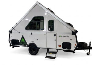 Aliner Scout 15 popup camper trailer with A-frame design, white exterior, entry door and spare tyre mounted on hitch