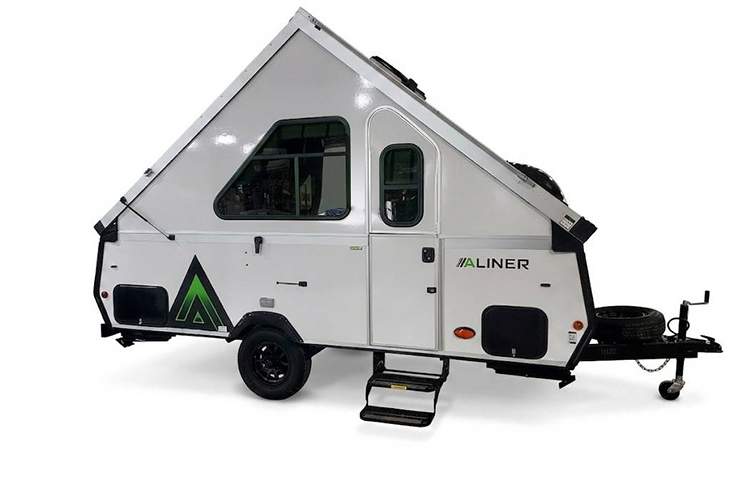 Aliner Scout 15 popup camper trailer with A-frame design, white exterior, entry door and spare tyre mounted on hitch
