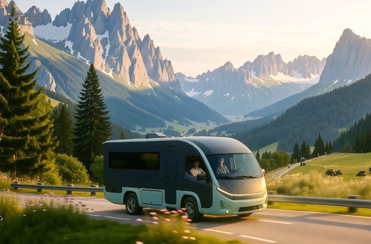 Electric Vöhringer CityFreighter campervan driving on mountain road with alpine peaks in background