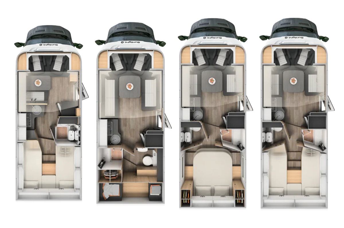 Floorplans of four Sunlight UNLTD Unlimited Sunlight motorhome layouts showing kitchen, dinette, washroom and bed configurations.