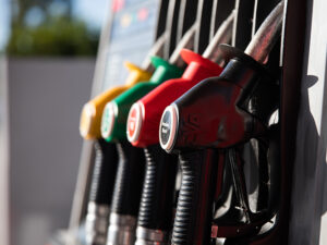 Colourful fuel pump nozzles at a Spanish filling station, highlighting diesel prices in Spain