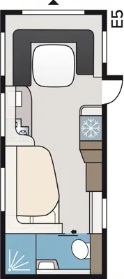 Floor plan of the Kabe Royal 600 TDL caravan, layout E5, showing fixed bed, kitchen, washroom and lounge areas.