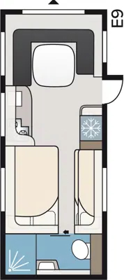 Floorplan of the Kabe Royal 600 TDL showing fixed bed, lounge, side dinette, washroom and shower layout.