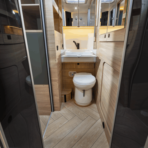 Spacious bathroom and wardrobe in slim Chausson X640 low-profile motorhome