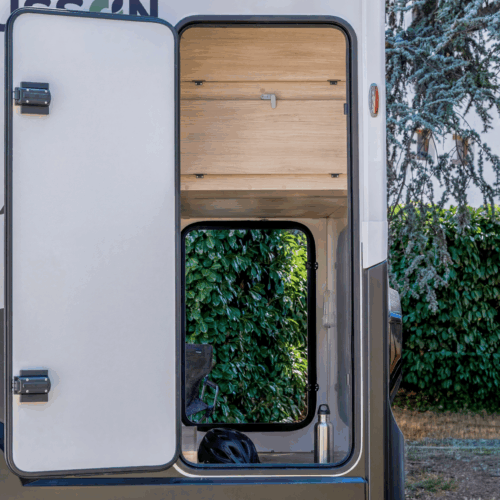 Spacious bathroom and wardrobe in slim Chausson X640 low-profile motorhome