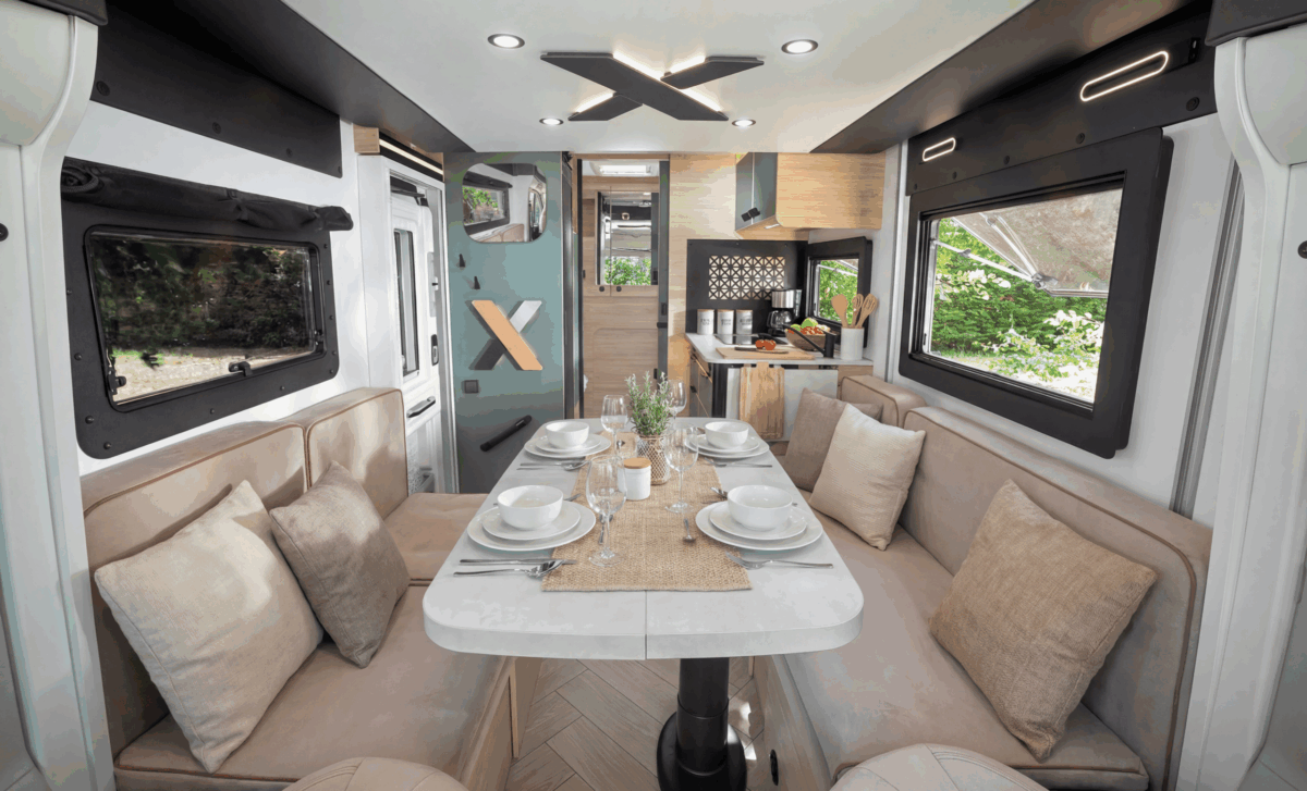 Spacious bathroom and wardrobe in slim Chausson X640 low-profile motorhome