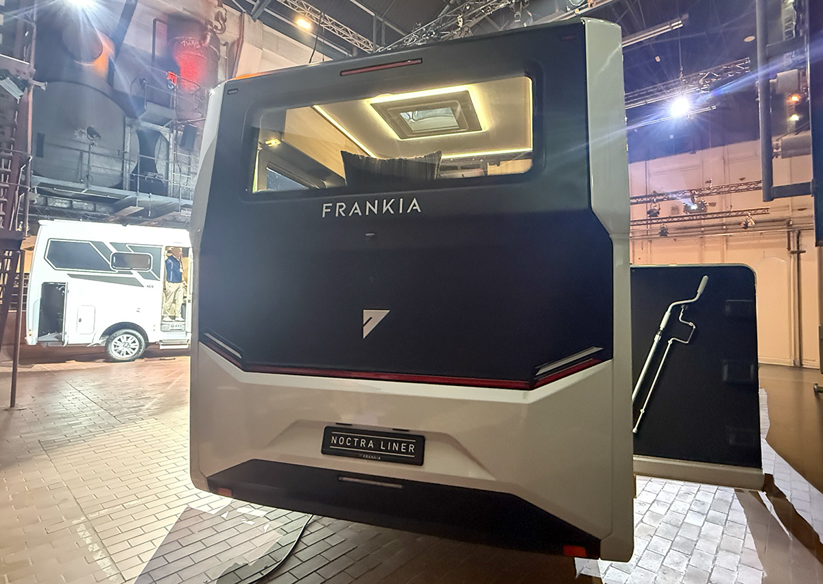 Rear view of the Frankia Noctra Liner motorhome, showing its bold design and "Noctra Liner" badge.