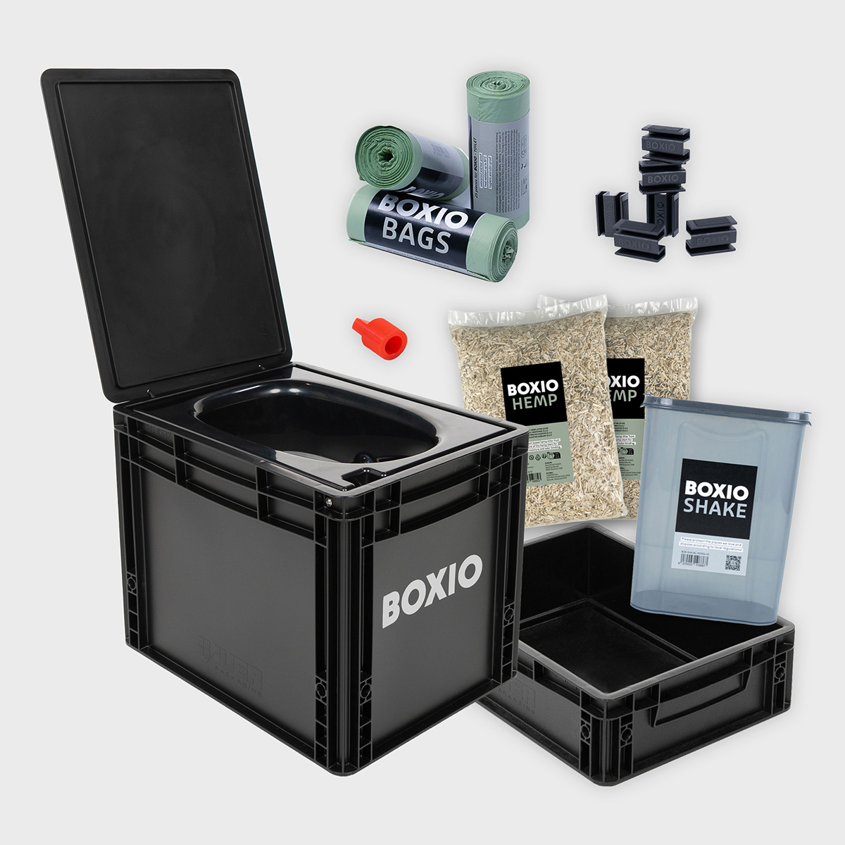 Boxio XL dry toilet with bags, hemp bedding, Shake container and connector accessories