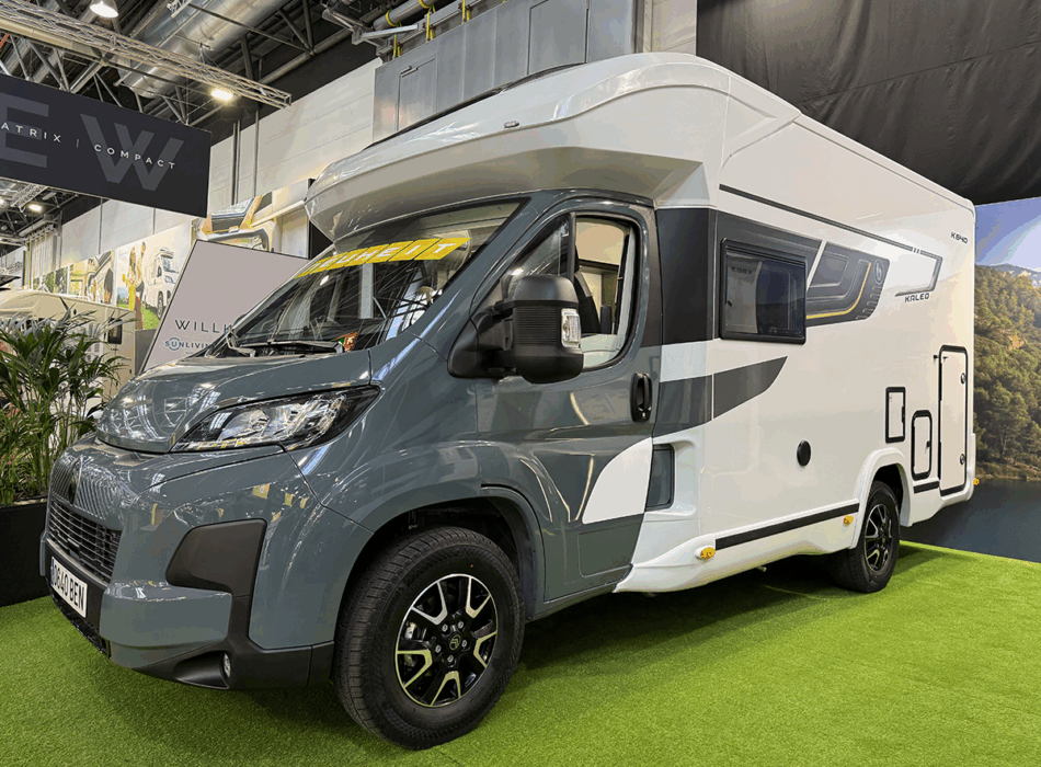 Benimar Kaleo K640 motorhome exterior, grey and white with black accents, on display at trade show