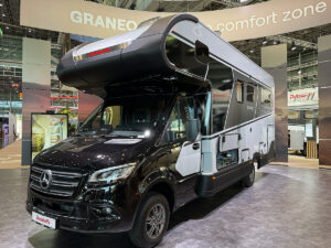 Dethleffs Graneo motorhome with overcab alcove bed, on Mercedes chassis, displayed at trade show