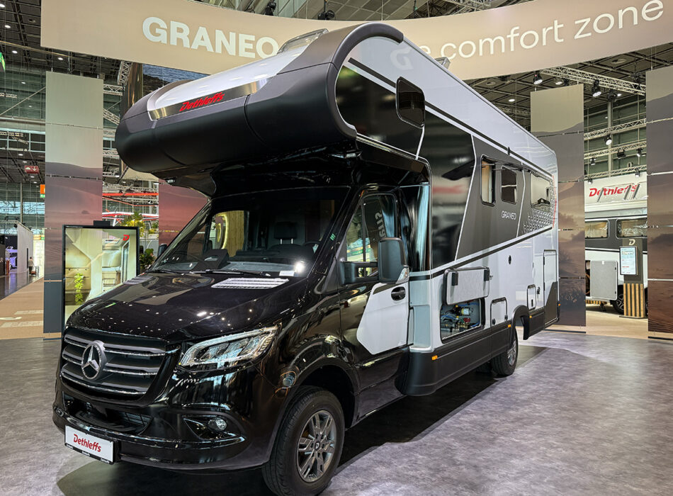 Dethleffs Graneo motorhome with overcab alcove bed, on Mercedes chassis, displayed at trade show