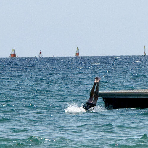 Person diving off jetty into sea near Camping Parc Bellevue Cannes, with sailing boats visible on horizon