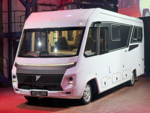 Frankia Noctra Liner A-class motorhome shown at launch event, sleek white exterior with distinctive front design