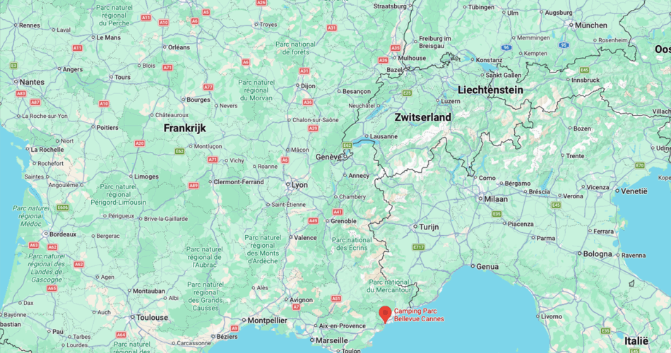 Google Maps view showing location of Camping Parc Bellevue Cannes on the French Côte d'Azur, near Nice and Monaco.