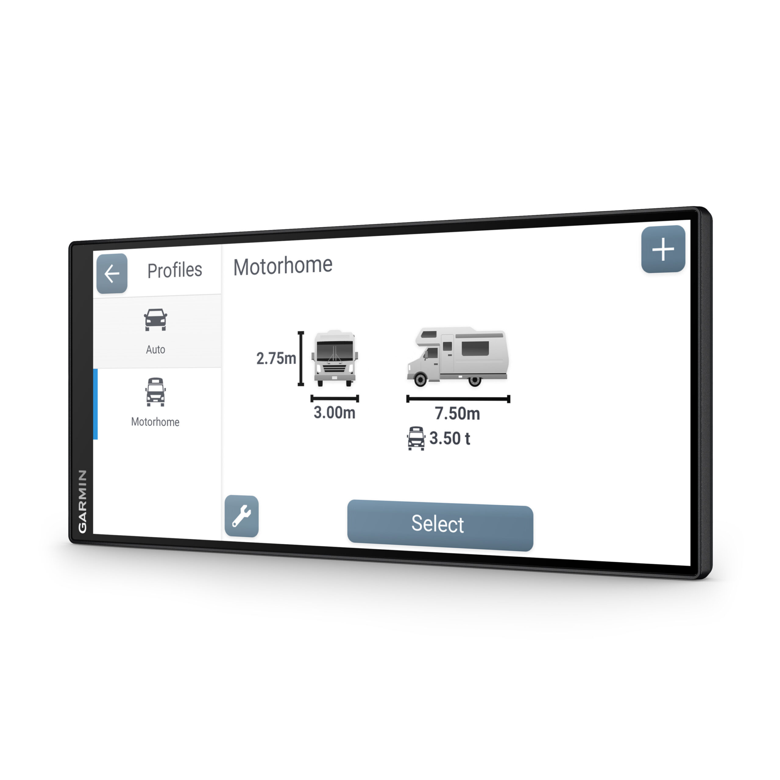 Garmin Drive navigation device showing Motorhome profile screen with vehicle dimensions and weight settings