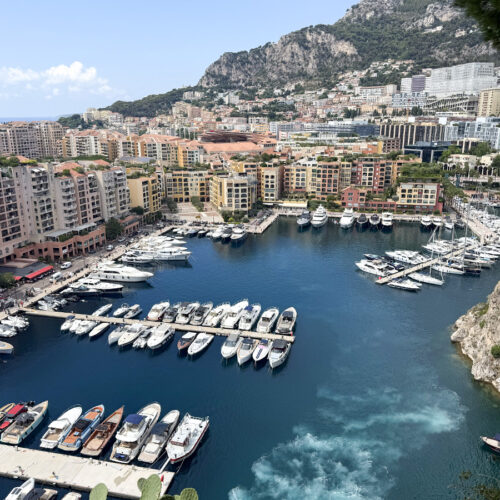 Aerial view of Fontvieille marina, Monaco, a day trip from Camping Parc Bellevue Cannes on the Côte d'Azur