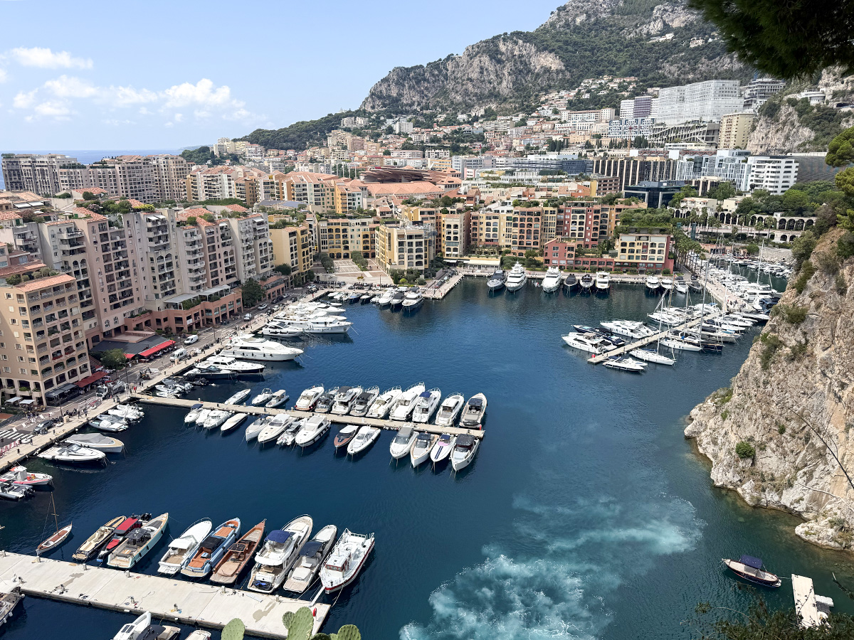 Aerial view of Fontvieille marina, Monaco, a day trip from Camping Parc Bellevue Cannes on the Côte d'Azur