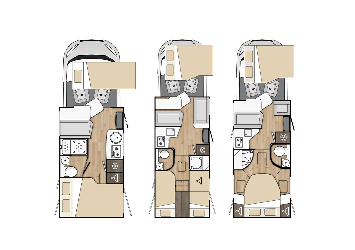 Floor plan layouts of the Benimar Kaleo motorhome showing three different interior configurations with kitchen, bathroom and sleeping areas.